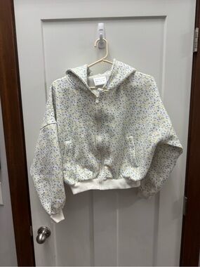 Kids Zip-Up Floral Hoodie Jacket - Cream with Blue & Yellow Print